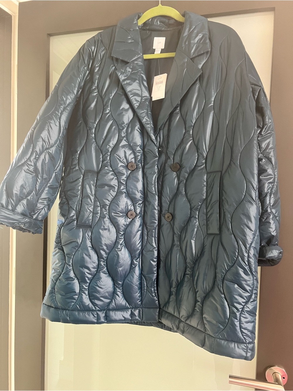 J. Jill Shiny Slate Blue Quilted Puffer Coat